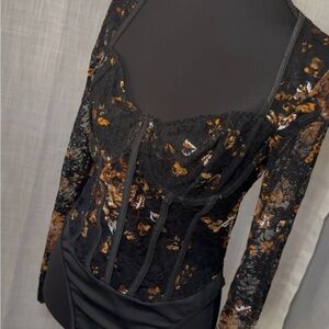 SHEIN Black, Brown, Gold Lace Corset, Sweetheart Neckline Bodysuit ~ Size M ~